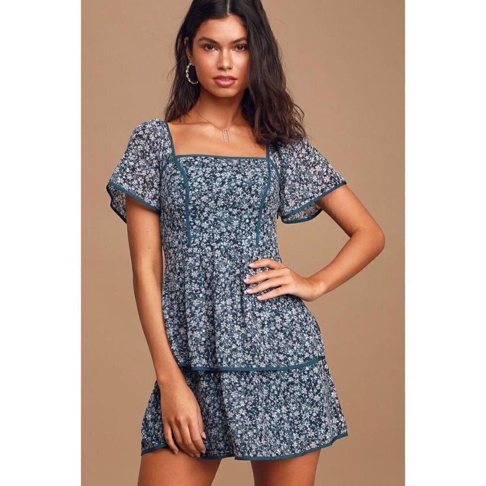 Ali‎ & Jay Country Mart Teal Blue Floral Tiered Mini Dress M